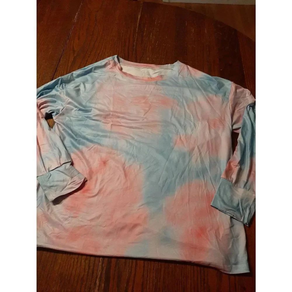 New Large Long Sleeve Crew Neck Pullover Pink Blue Tie-Dye Shirt Top